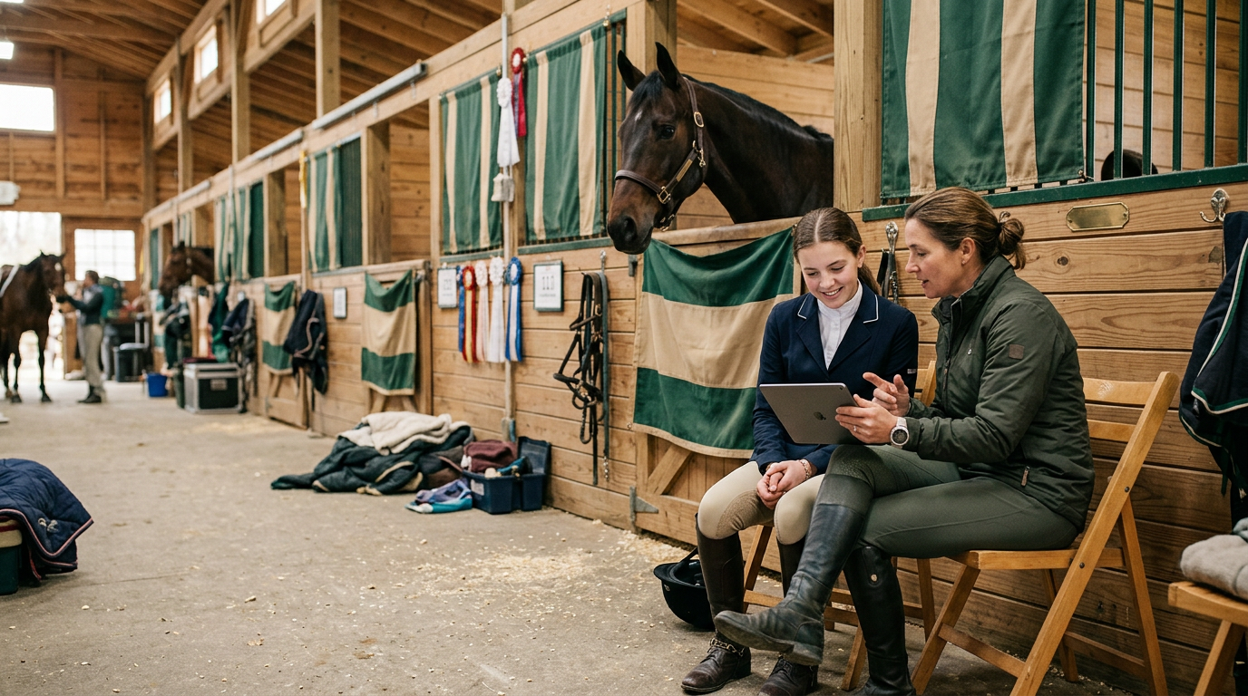 A trainer and a young rider reviewing a tablet in a show-barn aisle