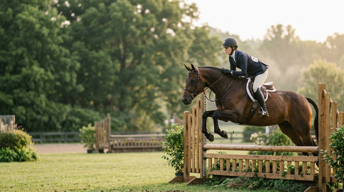 A rider in a navy show coat jumping a bay hunter over a rail fence